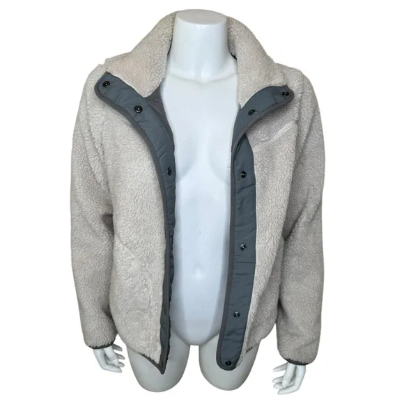 LL Bean Sherpa Fleece Jacket S Snap Front Pockets Lined Cream Gray - Picture 11 of 15